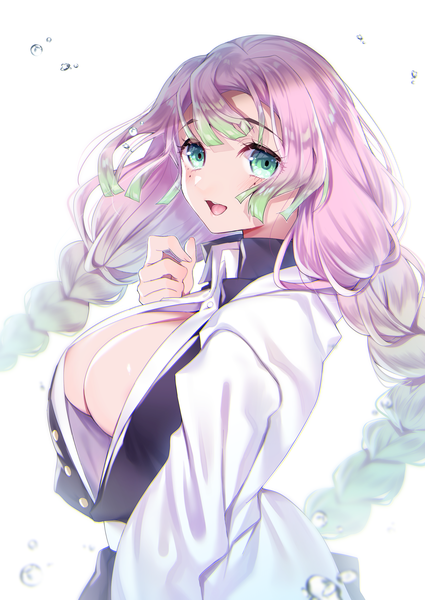 Anime picture 2150x3035 with kimetsu no yaiba ufotable kanroji mitsuri buta tamako single long hair tall image looking at viewer highres breasts open mouth light erotic simple background large breasts white background green eyes pink hair cleavage upper body braid (braids)