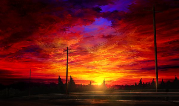 Anime picture 1830x1080 with original mks highres wide image sky cloud (clouds) evening sunset horizon no people landscape scenic red sky plant (plants) tree (trees) power lines