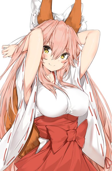 Anime picture 950x1450 with fate (series) fate/extra tamamo (fate) (all) tamamo no mae (fate) silver (chenwen) single long hair tall image looking at viewer fringe breasts simple background smile hair between eyes large breasts white background animal ears yellow eyes payot pink hair