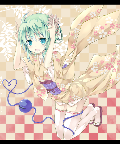 Anime picture 1017x1223 with touhou komeiji koishi mizumidori single tall image looking at viewer blush short hair open mouth smile green eyes ahoge bent knee (knees) traditional clothes japanese clothes hair flower green hair wind short sleeves alternate costume