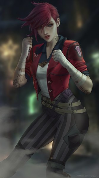 Anime picture 3900x7000 with arcane: league of legends league of legends vi (league of legends) wickellia single tall image looking at viewer fringe highres short hair open mouth blue eyes hair between eyes standing absurdres outdoors red hair realistic arms up short sleeves