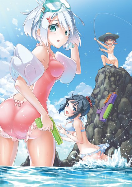 Anime picture 728x1029 with original hyp tall image looking at viewer blush fringe short hair breasts open mouth blue eyes light erotic black hair standing multiple girls holding green eyes sky silver hair cloud (clouds) ass