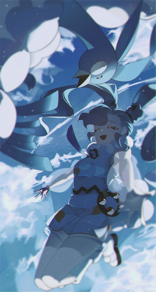 Anime picture 1688x3150 with pokemon vocaloid nintendo project voltage hatsune miku altaria flying miku (project voltage) yeoni mon single long hair tall image fringe open mouth twintails blue hair sky cloud (clouds) full body bent knee (knees) outdoors
