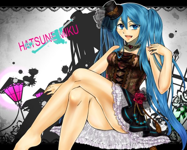 Anime picture 2500x2000 with vocaloid hatsune miku kanon (avuzero) long hair highres open mouth blue eyes smile sitting twintails bare shoulders blue hair nail polish barefoot red nail polish girl flower (flowers) hat rose (roses) necklace