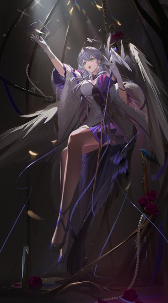 Anime picture 1200x2159 with honkai: star rail honkai (series) robin (honkai: star rail) renlili single long hair tall image fringe open mouth hair between eyes green eyes looking away full body grey hair high heels outstretched arm head wings white wings girl dress