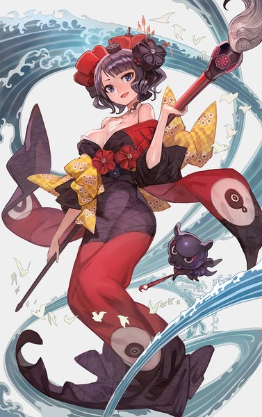 Anime picture 944x1500 with fate (series) fate/grand order katsushika hokusai (fate/grand order) tokitarou (fate/grand order) lack single tall image looking at viewer short hair breasts open mouth blue eyes light erotic black hair smile bare shoulders cleavage full body traditional clothes :d