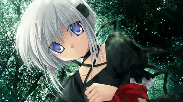 Anime picture 1280x720 with rewrite kagari (rewrite) short hair wide image purple eyes game cg white hair girl dress black dress