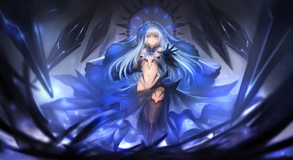 Anime picture 2000x1099 with date a live tobiichi origami zhuore zhi hen single long hair highres blue eyes light erotic wide image white hair outstretched hand girl thighhighs dress gloves navel weapon black thighhighs elbow gloves