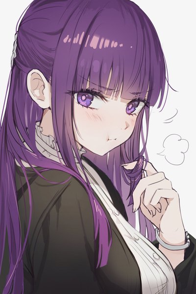 Anime picture 1000x1500 with sousou no frieren fern (sousou no frieren) tokkyu single long hair tall image looking at viewer blush fringe simple background white background purple eyes purple hair upper body blunt bangs half updo :t playing with hair hair twirling girl