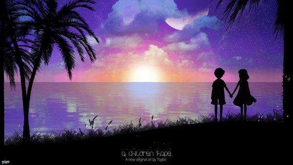 Anime picture 1920x1080 with original toyboj highres wide image sky cloud (clouds) sunlight inscription holding hands evening sunset landscape scenic silhouette girl dress boy plant (plants) tree (trees) shorts