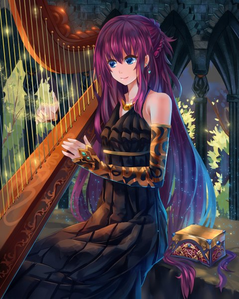 Anime picture 1200x1500 with original tsubasa19900920 leftnav single long hair tall image blue eyes sitting purple hair light smile lips happy playing instrument girl dress earrings black dress musical instrument arch casket