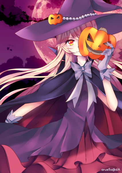 Anime picture 900x1271 with original aruella single long hair tall image blonde hair smile red eyes cloud (clouds) night night sky halloween red moon girl dress gloves hat white gloves moon cloak