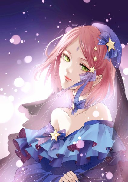 Anime picture 1748x2480 with naruto studio pierrot naruto (series) haruno sakura juni gen single tall image looking at viewer highres short hair smile bare shoulders green eyes pink hair cleavage upper body head tilt off shoulder sparkle gradient background