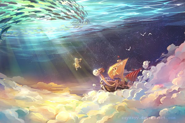 Anime picture 945x630 with one piece toei animation going merry zzyzzyy signed cloud (clouds) sunlight night night sky spread arms scenic upside down ambiguous gender animal sea bird (birds) star (stars) fish (fishes) watercraft ship