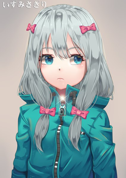 Anime picture 2480x3507 with eromanga sensei a-1 pictures izumi sagiri kevin ramadhan single long hair tall image highres blue eyes simple background looking away silver hair upper body grey background character names girl bow hair bow jacket zipper