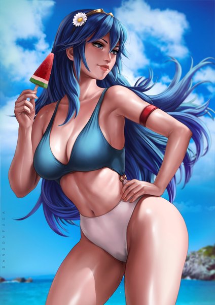 Anime picture 3508x4961 with fire emblem fire emblem awakening nintendo lucina (fire emblem) dandon fuga single long hair tall image blush fringe highres breasts blue eyes light erotic hair between eyes standing holding signed blue hair looking away