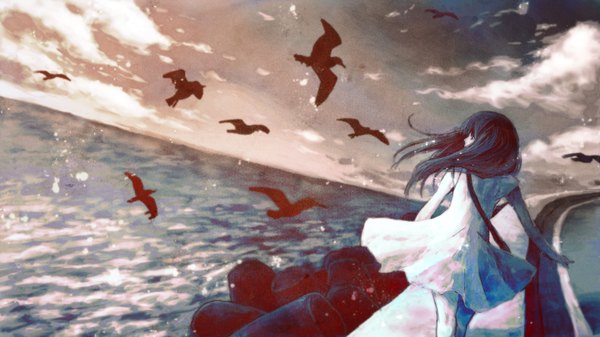 Anime picture 1600x900 with original nora asahi single long hair fringe black hair wide image sky cloud (clouds) wind walking weightlessness girl dress sea seagull