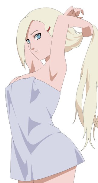 Anime picture 1459x2700 with naruto studio pierrot naruto (series) yamanaka ino kraddy07 single long hair tall image looking at viewer fringe light erotic simple background blonde hair white background bare shoulders naked towel girl towel
