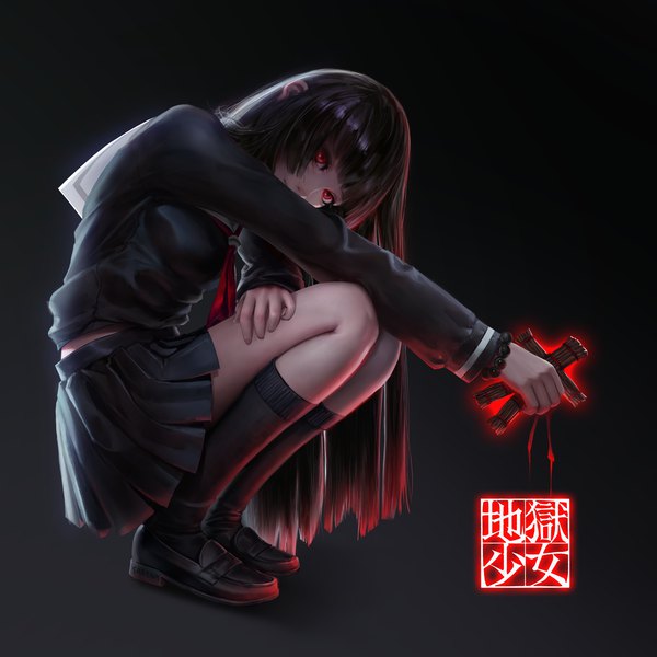 Anime picture 1324x1324 with hell girl studio deen enma ai sarena single long hair looking at viewer fringe black hair simple background smile red eyes full body blunt bangs long sleeves pleated skirt copyright name gradient background black background squat