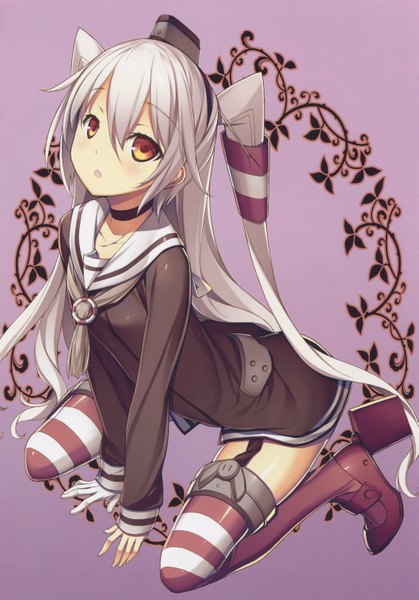 Anime picture 4226x6047 with kantai collection amatsukaze destroyer kikuchi seiji single long hair tall image blush highres open mouth brown eyes absurdres white hair scan official art two side up girl thighhighs hat hair tubes sailor suit
