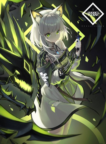 Anime picture 3027x4096 with arknights kal'tsit (arknights) mon3tr (arknights) ryu200136 single long hair tall image looking at viewer fringe highres standing holding green eyes absurdres white hair blunt bangs from above off shoulder oripathy lesion (arknights) girl