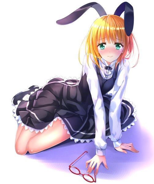 Anime picture 1018x1217 with sekai seifuku roboko (sekai seifuku) swordsouls single tall image looking at viewer blush short hair simple background blonde hair white background sitting green eyes animal ears full body shadow bunny ears fake animal ears girl dress