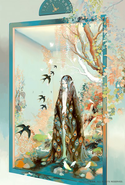 Anime picture 911x1348 with original sarnath tall image blush light erotic brown hair standing eyes closed very long hair nude pointy ears dated convenient censoring eyeshadow androgynous 2017 plant (plants) animal tree (trees) water