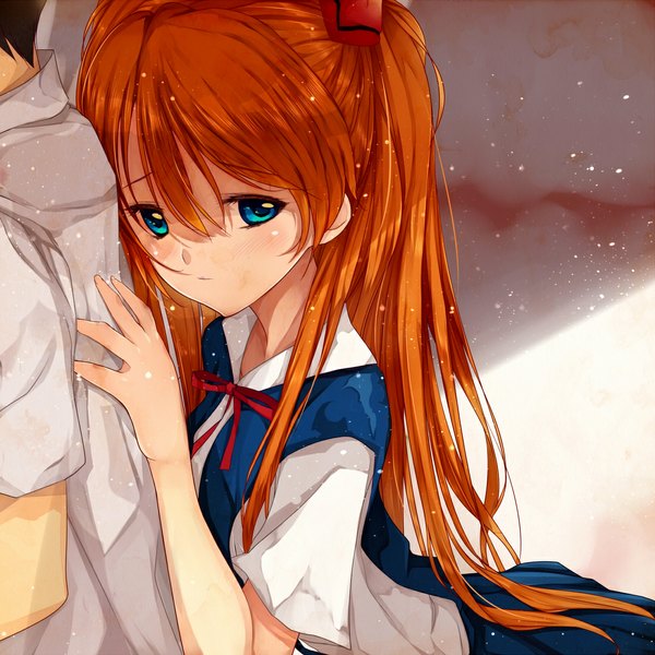 Anime picture 1100x1100 with neon genesis evangelion gainax soryu asuka langley ikari shinji modern afro long hair blush blue eyes orange hair girl uniform hair ornament school uniform shirt