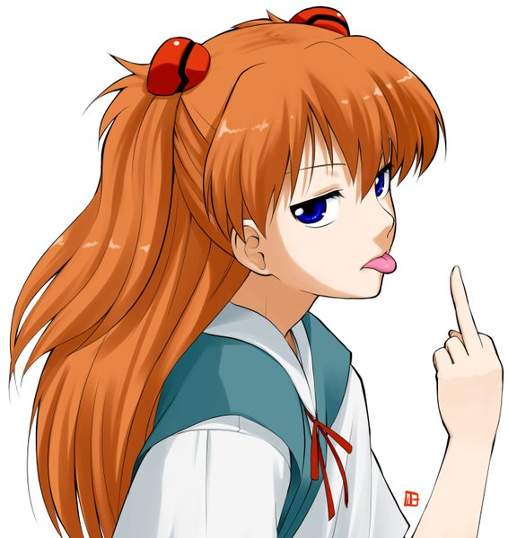 Anime picture 1336x1416 with neon genesis evangelion gainax soryu asuka langley nagian single long hair tall image looking at viewer blue eyes simple background white background orange hair :p middle finger girl uniform hair ornament school uniform tongue hairclip