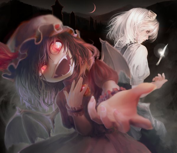 Anime picture 1115x966 with touhou remilia scarlet izayoi sakuya azzie (pixiv) long hair brown hair multiple girls animal ears silver hair braid (braids) head tilt profile pink eyes looking back realistic night teeth maid fang (fangs) twin braids