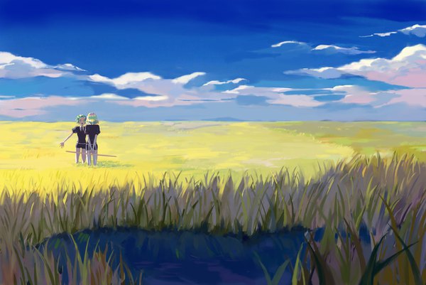 Anime picture 1280x857 with houseki no kuni phosphophyllite diamond (houseki no kuni) tamomoko short hair green eyes sky cloud (clouds) green hair puffy sleeves outstretched arm hands behind back androgynous talking uniform weapon plant (plants) sword katana grass