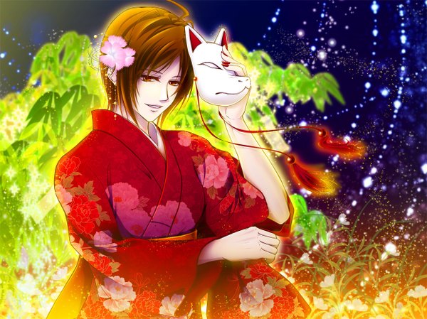 Anime picture 1246x934 with vocaloid meiko single short hair red eyes brown hair ahoge traditional clothes japanese clothes hair flower night girl hair ornament kimono mask kanzashi fox mask