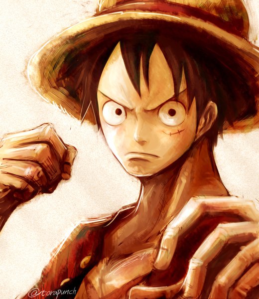 Anime picture 1776x2048 with one piece toei animation monkey d. luffy torapunch single tall image looking at viewer fringe highres short hair black hair simple background signed upper body black eyes twitter username scar fighting stance boy hat