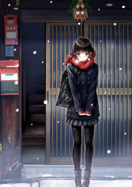 Anime-Bild 905x1280 mit original kazuharu kina single tall image blush fringe short hair blue eyes black hair standing signed looking away full body pleated skirt watermark plaid skirt snowing winter snow exhalation