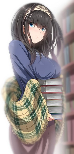 Anime picture 481x1000 with idolmaster idolmaster cinderella girls sagisawa fumika nohito single long hair tall image looking at viewer blush fringe blue eyes black hair girl dress hairband book (books)