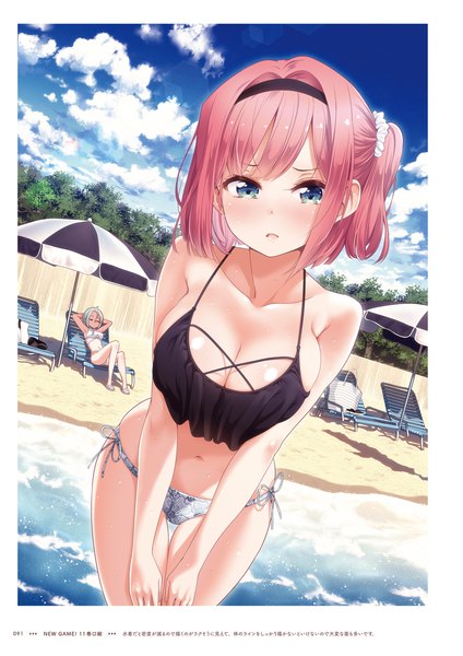 Anime picture 1357x1920 with new game! doga kobo mochizuki momiji yamato christina wako tokunou shoutarou tall image looking at viewer blush short hair breasts open mouth blue eyes light erotic large breasts multiple girls pink hair sky cloud (clouds) outdoors official art