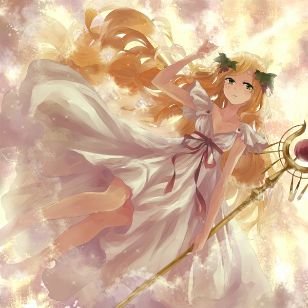Anime picture 1000x1000 with magi the labyrinth of magic a-1 pictures scheherazade (magi) teka single looking at viewer blush fringe breasts blonde hair holding green eyes barefoot bare legs sleeveless wavy hair girl dress hair ornament bow