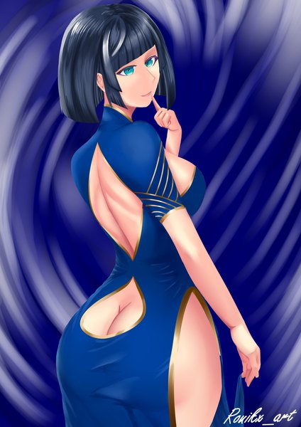 Anime picture 3508x4961 with genshin impact yelan (genshin impact) ronikx art single tall image looking at viewer fringe highres short hair breasts light erotic black hair simple background large breasts standing signed absurdres ass blunt bangs looking back