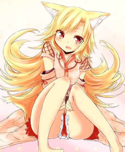 Anime picture 1292x1567 with original naomi (sekai no hate no kissaten) single long hair tall image blonde hair red eyes sitting legs fox ears fox tail girl detached sleeves