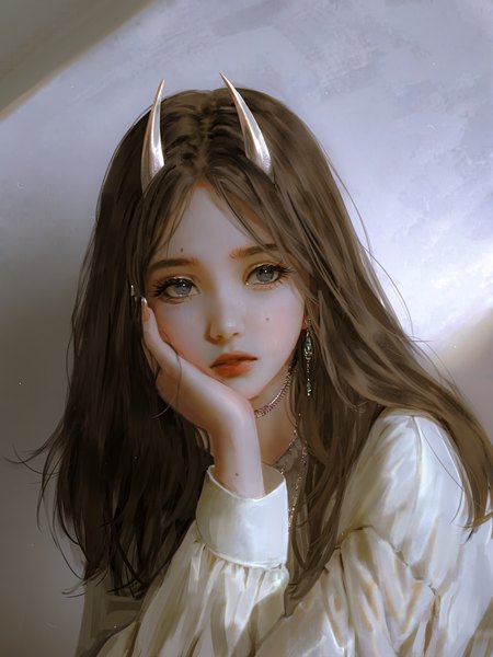 Anime picture 4915x6553 with original nixeu single long hair tall image looking at viewer fringe highres brown hair absurdres upper body long sleeves horn (horns) fingernails lips realistic mole grey eyes mole under eye portrait