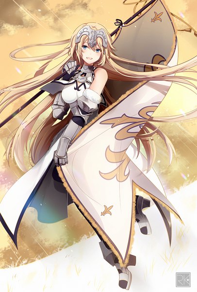 Anime picture 743x1097 with fate (series) fate/grand order jeanne d'arc (fate) (all) jeanne d'arc (fate) k-rumi single tall image looking at viewer fringe open mouth blue eyes blonde hair hair between eyes bare shoulders signed full body very long hair head tilt girl armor