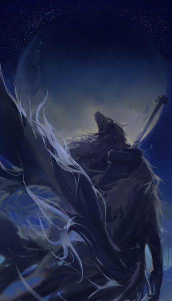 Аниме картинка 1165x2045 с elden ring blaidd the half-wolf ruint один (одна) высокое изображение стоя на улице сзади ночь ночное небо смотрит вверх мужчина оружие луна полная луна огромное оружие огромный меч фурри