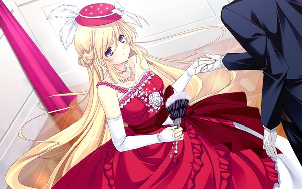 Anime picture 1280x800 with shitsuji ga aruji wo erabu toki amelia rose brettingham satou satoru long hair blush blue eyes blonde hair wide image bare shoulders game cg girl dress gloves hat elbow gloves fan beads