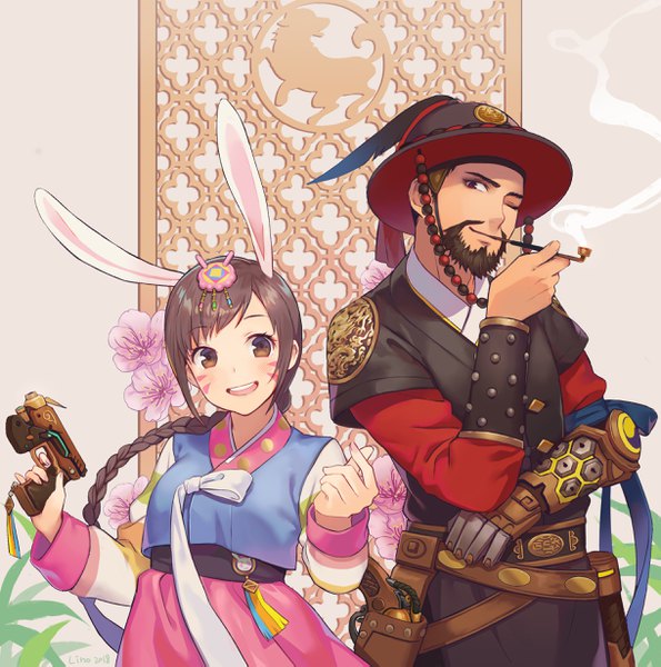 Anime picture 2439x2462 with overwatch blizzard entertainment d.va (overwatch) mccree (overwatch) palanquin d.va magistrate mccree lino chang long hair tall image looking at viewer highres short hair brown hair brown eyes animal ears braid (braids) traditional clothes bunny ears cherry blossoms single braid