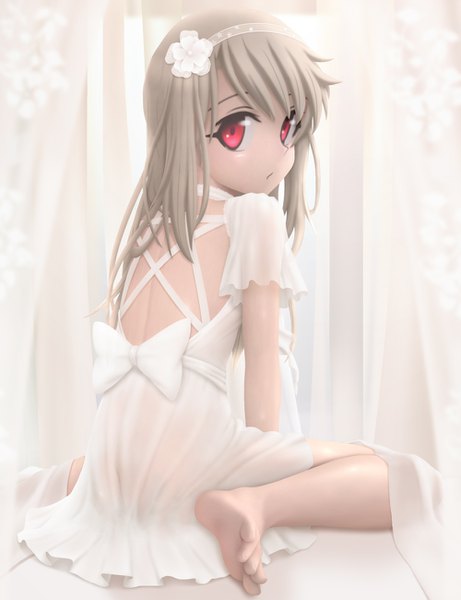 Anime picture 1000x1300 with fate (series) fate/kaleid liner prisma illya illyasviel von einzbern siraha single long hair tall image looking at viewer fringe light erotic blonde hair red eyes white background sitting looking back barefoot from behind :o wariza girl
