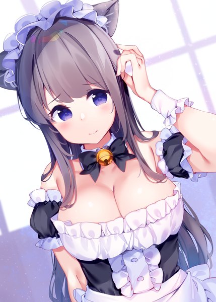 Anime picture 800x1119 with original chikuwa. single long hair tall image looking at viewer blush fringe breasts blue eyes light erotic smile large breasts animal ears payot cleavage upper body indoors arm up grey hair
