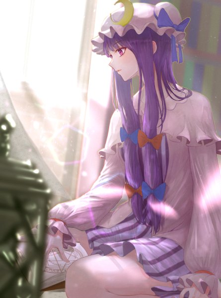 Anime picture 1332x1794 with touhou patchouli knowledge tenpai single long hair tall image sitting purple eyes looking away purple hair indoors profile lens flare tress ribbon girl bow hair bow hat book (books) bonnet