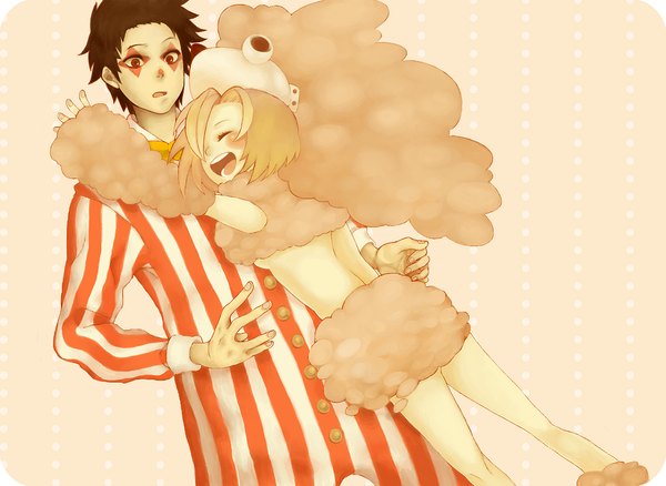 Anime picture 1300x949 with oumagadoki zoo (manga) toitoi suzuki (zoo) saeda (artist) blush short hair open mouth blonde hair simple background red eyes white background eyes closed couple back facial mark striped polka dot face paint polka dot background clown