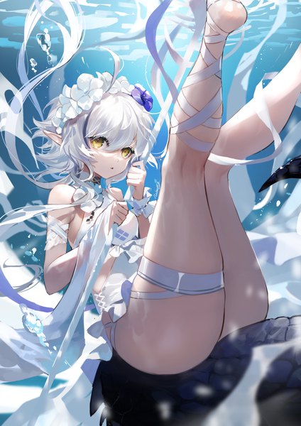 Anime picture 1200x1697 with arknights tomimi (arknights) tomimi (silent night) (arknights) nima (niru54) single tall image fringe short hair light erotic hair between eyes yellow eyes silver hair ahoge tail animal tail pointy ears bare legs official alternate costume underwater leg lift (legs lift)