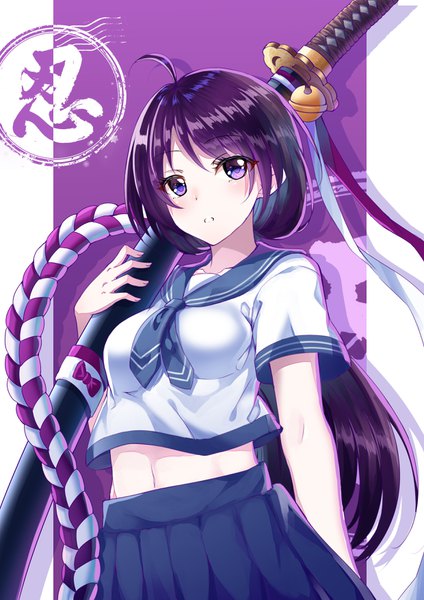 Anime picture 2480x3508 with original zhl single long hair tall image looking at viewer blush highres standing purple eyes holding purple hair ahoge parted lips midriff hieroglyph border low ponytail arm behind back sheathed